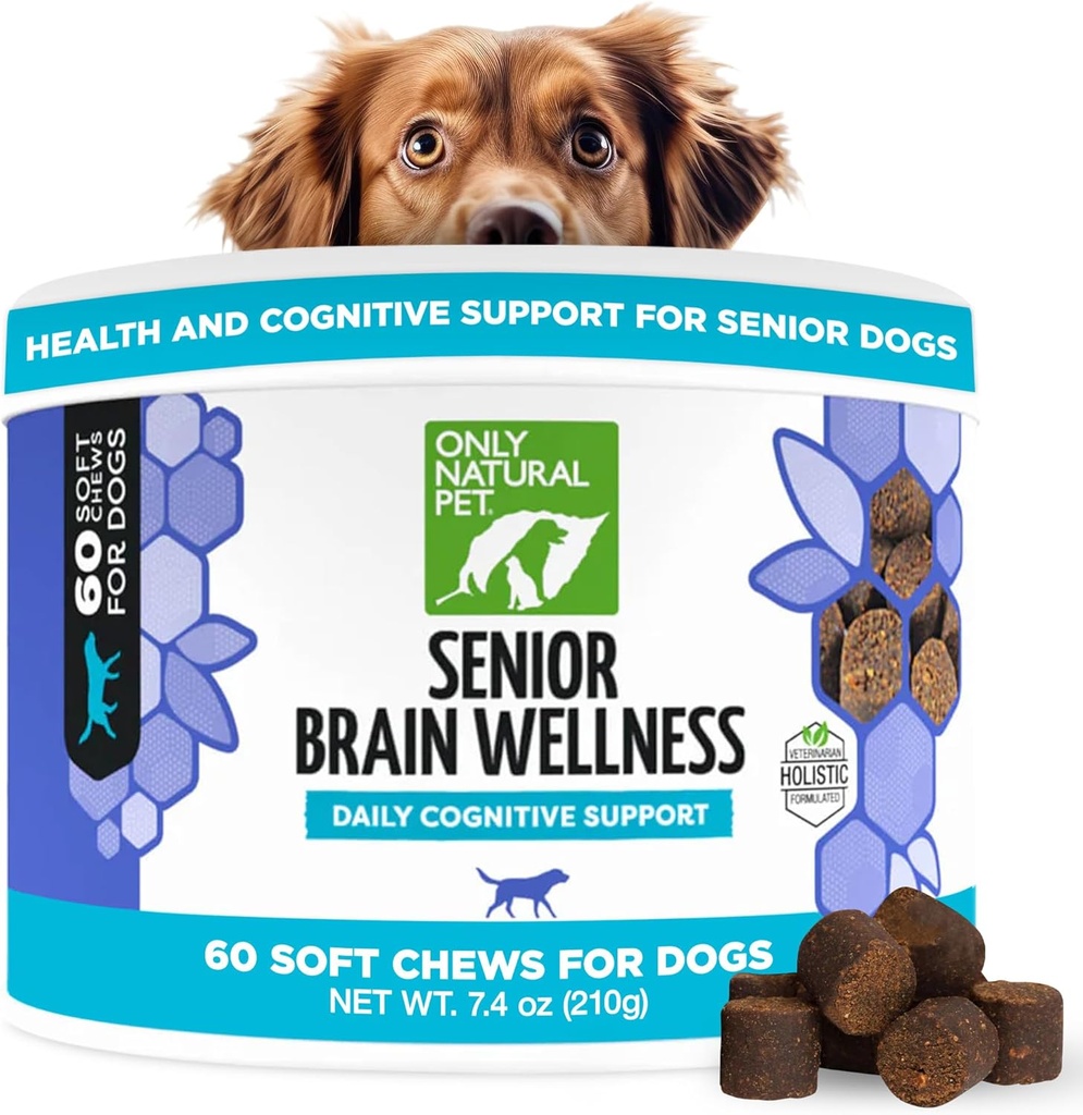 UNIQUEMENT PET NATURAL Brain Wellness Chien Chews - Petites, moyennes et grandes races, chiens sans dents et gériatriques, poulet doux et bacon, collations au four - 60 Comte