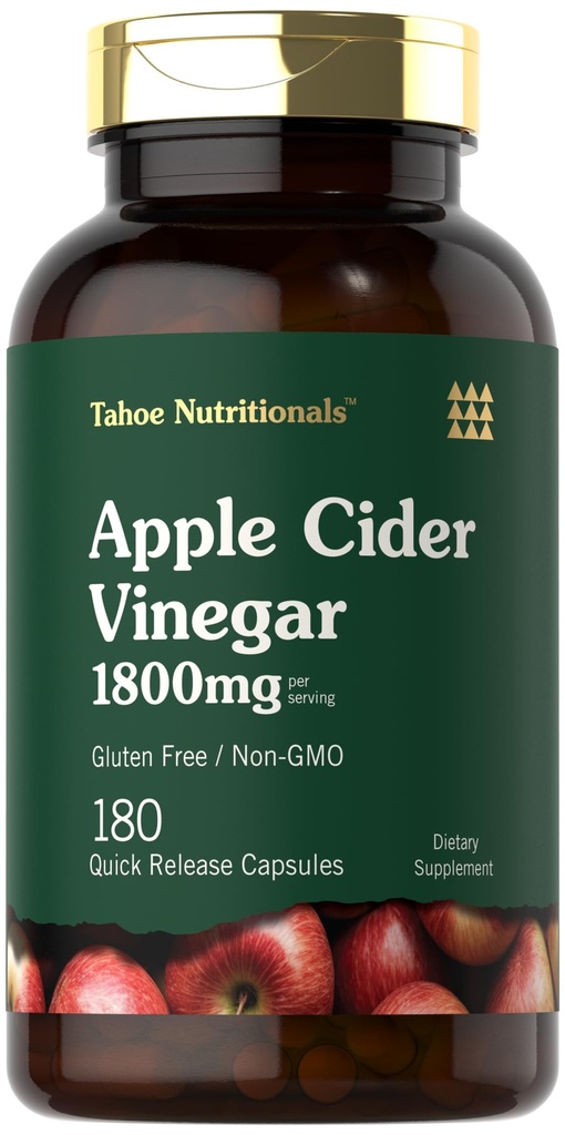 Tahoe Nutritionals Capsules de vinaigre de cidre de pomme $ 1800mg $ 180 Count $ Non-OGM, supplément sans gluten