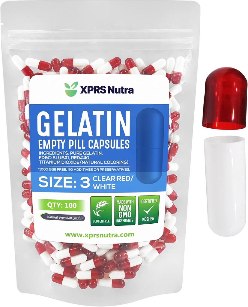 XPRS Nutra Taille 3 Capsules vides - 100 Compte Capsules de gélatine vides - Pills Bricolage Capsule Remplissage - Pure Pilule de Gel de Pilule pour Do-It-Youlf Vitamines et suppléments (rouge clair/blanc)