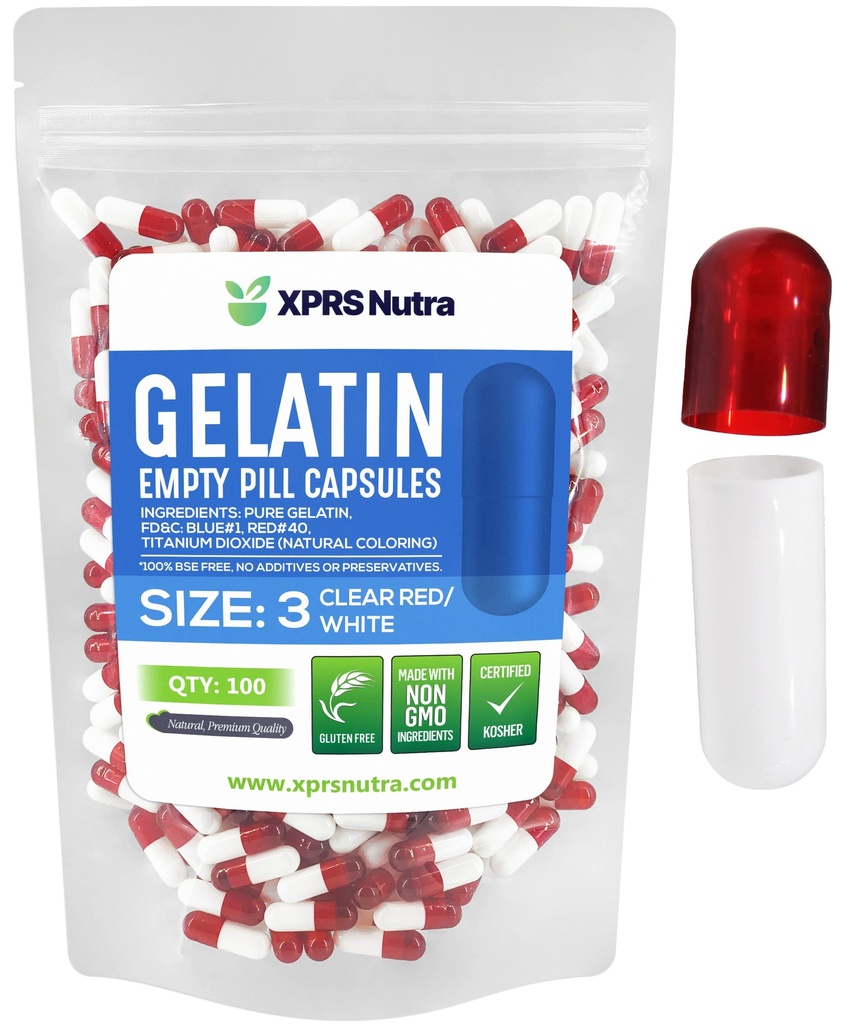XPRS Nutra Taille 3 Capsules vides - 100 Compte Capsules de gélatine vides - Pills Bricolage Capsule Remplissage - Pure Pilule de Gel de Pilule pour Do-It-Youlf Vitamines et suppléments (rouge clair/blanc)