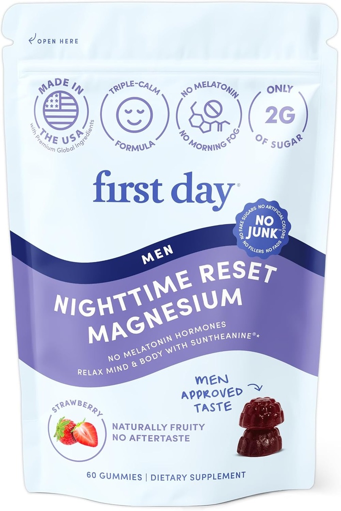 Premier Jour Hommes de nuit Réinitialiser Calmer Magnésium Gummies – Aide au sommeil soutient le repos pacifique, l'humeur équilibrée et l'énergie – Supplément avec Magnésium Citrate, L-Theanine & No Melatonin – 30 jours d'approvisionnement