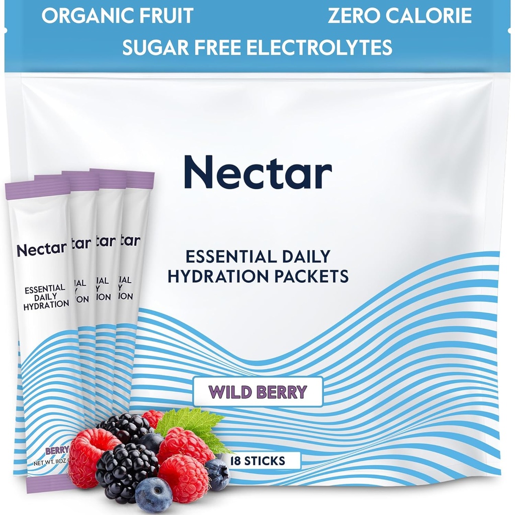 Packs d'hydratation Nectar - Packs de poudre d'électrolytes - Pas de sucre ou de calories - Packs d'hydrates liquides de fruits biologiques IV pour le soulagement de la déshydratation et la réhydratation rapide (Berry 18 Pack)