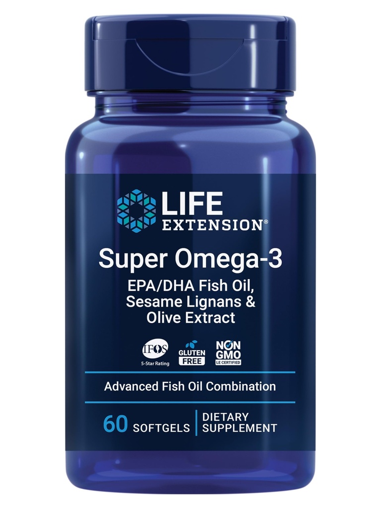 Extension de vie Super Omega-3 EPA/DHA Huile de poisson, sésame Lignans et extrait d'olive – Santé du coeur, Santé du cerveau, Inflammation Soutien de santé, Cholestérol Soutien de santé, sans gluten, non-OGM, 60 Softgels