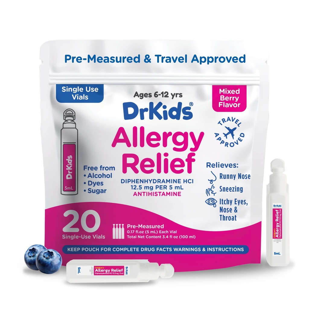 Dr. Kids Children's Allergy Relief Medicine with Diphenhydramine - Viaux à usage unique pré-mesurés, antihistaminiques pour enfants pour éternuer, runny nez et yeux démangeaisons, mélange de berry flavor, 20 comte (paquet de 1)