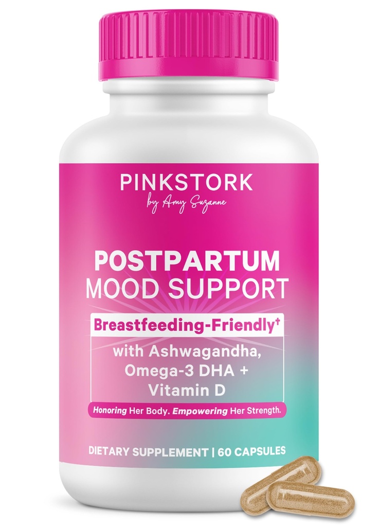 Pink Stork Postpartum Mood Support - Balance hormonale postnatale pour les femmes - Allaitement amical - Stress & Cognitive Support, New Mom Essentials - Ashwagandha, Camomile et Vitamine D, 60 Capsules