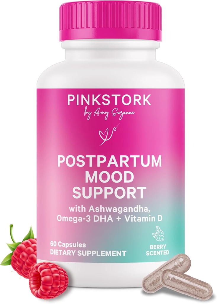 Pink Stork Postpartum Mood Support - Balance hormonale postnatale pour les femmes - Allaitement amical - Stress & Cognitive Support, New Mom Essentials - Ashwagandha, Camomile et Vitamine D, 60 Capsules