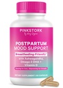 Pink Stork Postpartum Mood Support - Balance hormonale postnatale pour les femmes - Allaitement amical - Stress & Cognitive Support, New Mom Essentials - Ashwagandha, Camomile et Vitamine D, 60 Capsules