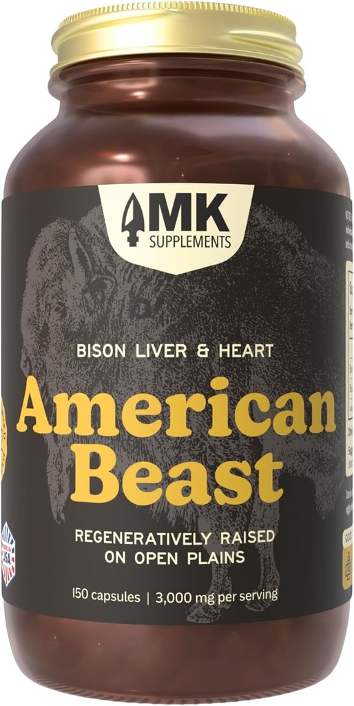 MK Supplements American Beast, Bison Organ Supplement for Athletes, Supports Strength, Endurance & Recovery, Freeze-Dried, Non-GMO, Bison Liver & Bison Heart, 30 Servings (3,000 mg Each)