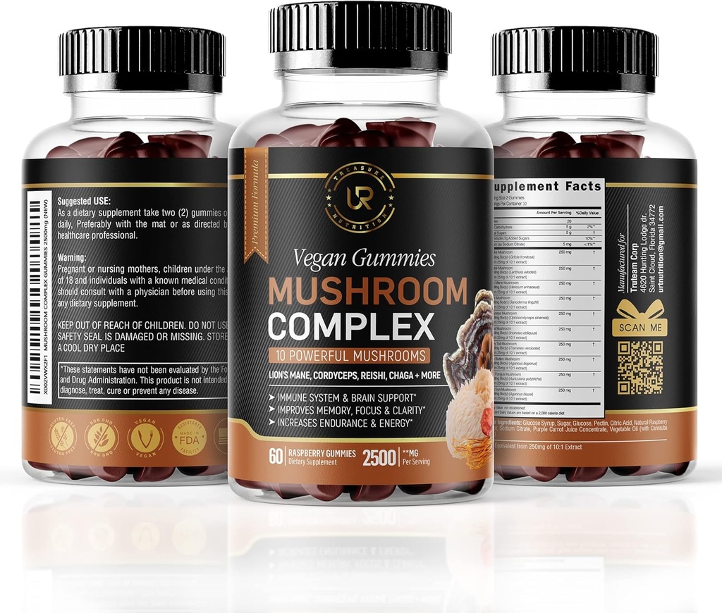 Gummées de champignons de 10 champignons Supplément de champignons de 2500mg de Turquie Tail, Chaga, Reishi, Cordyceps & Lions Mane Extraits de champignons organiques, booster de cerveau nootropique (180 comte (paquet de 3))