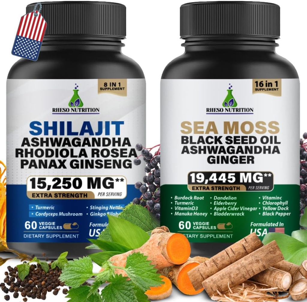 Mousse de mer et shilajit Multivitamine Bundle - Mousse de mer 7000mg, Shilajit 9000mg, Huile de graines noires 4000mg, Ashwagandha 2000mg, Ginger & Rhodiola Rosea 1000mg, Tous en 1 suppléments