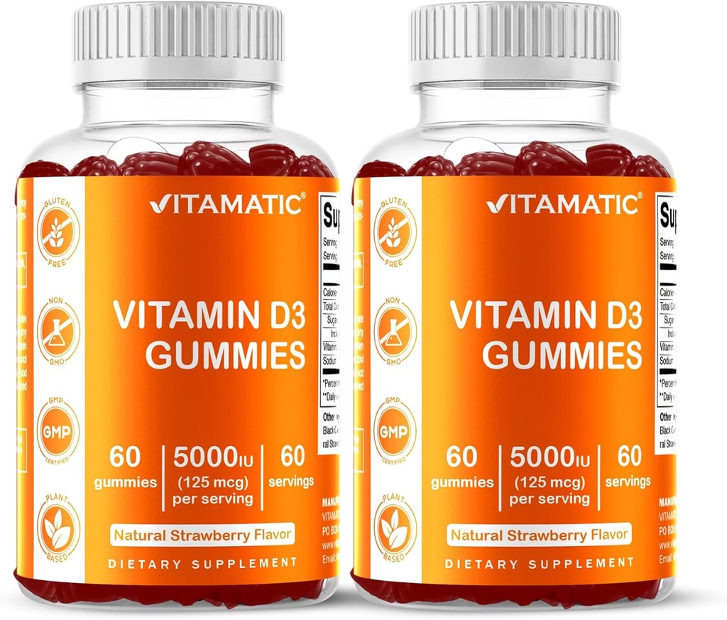 Vitamine Vitamatique D3 Gommies – 5000 UI par gommy. 60 Gommies par bouteille.