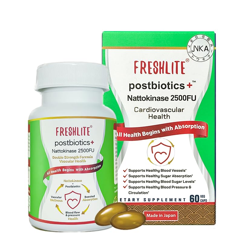 FRESHLITE 2500FU Premium NSK-SD Nattokinase & Postbiotiques végétaliens pour le soutien cardiovasculaire , pression artérielle, cholestérol et santé cardiaque , JNKA certifié , non-OGM , sans gluten , 60 capsules Japon Fabriqué