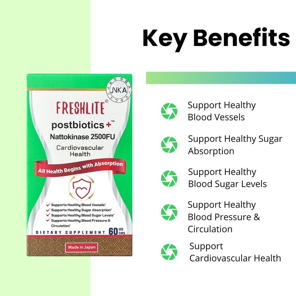 FRESHLITE 2500FU Premium NSK-SD Nattokinase & Vegan Postbiotics for Cardiovascular Support | Blood Pressure, Cholesterol & Heart Health | JNKA Certified | Non-GMO, Gluten-Free, 60 Capsules Japan Made
