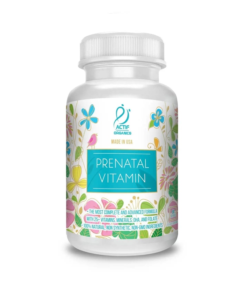 Actif Vitamine prénatale biologique avec 25+ Vitamines organiques, 100% Naturel, DHA, EPA, Oméga 3, et mélange à base de plantes organiques - Non-OGM, 90 Compte