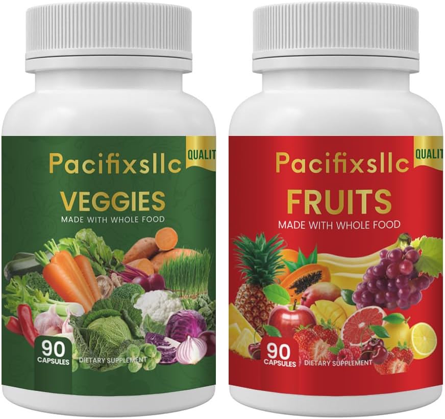 Capsules de fruits et de légumes Superalimentation 100% naturelle Niveau d'énergie naturelle pour les hommes et les femmes, lot de 2, 180 count-90 et fruits 90 légumes