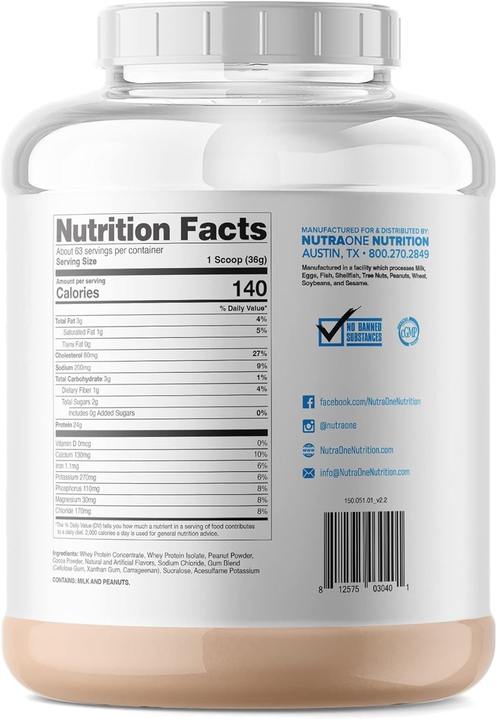 NutraOne ProteinOne Whey Protein favorise la récupération et construire des muscles avec une poudre de shake de protéines pour les hommes et les femmes (Cup PB chocolat, 5 LB)