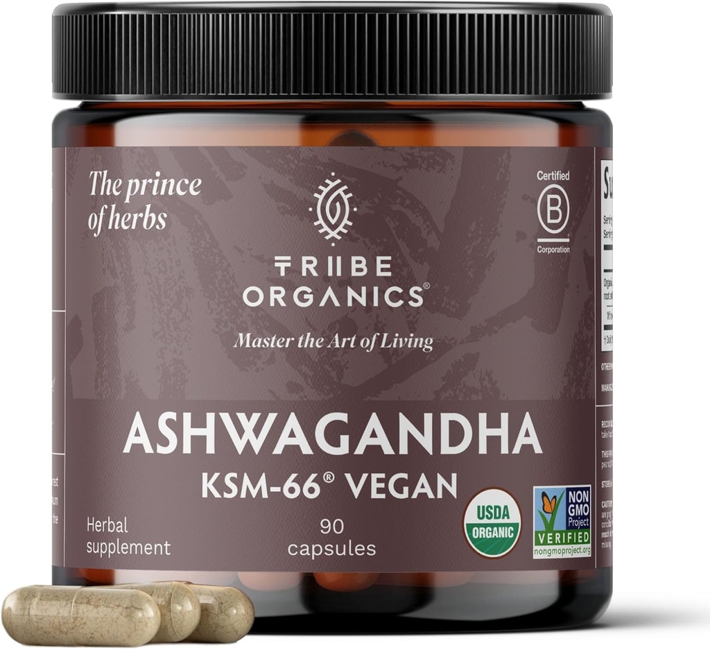 TRIBE ORGANICS Vegan Ashwagandha KSM 66 Extrait de poudre de racine biologique pure Supplément ayurvédique - Focus Mood Support Augmenter la force énergétique 600mg de KSM66 naturel pour l'absorption supérieure - 90 Capsules