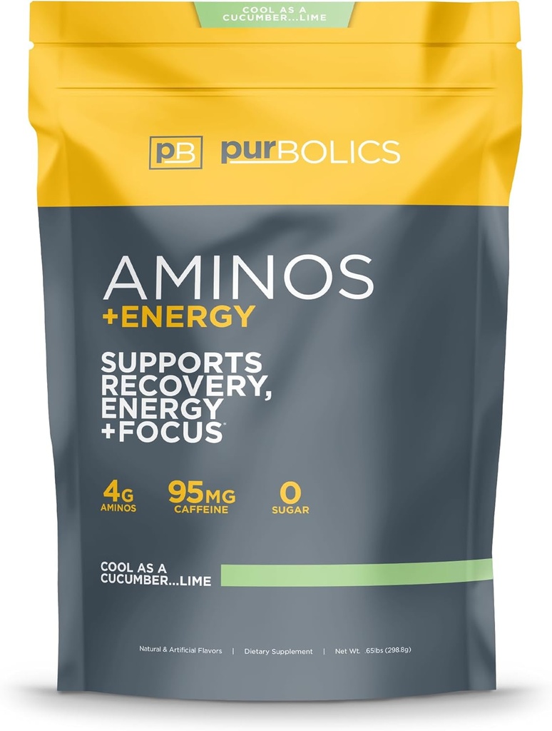 Purbolics Aminos + Énergie , soutient la récupération, l'énergie et le focus , 95mg de caféine , 0 sucre et 60 portions ...Lime