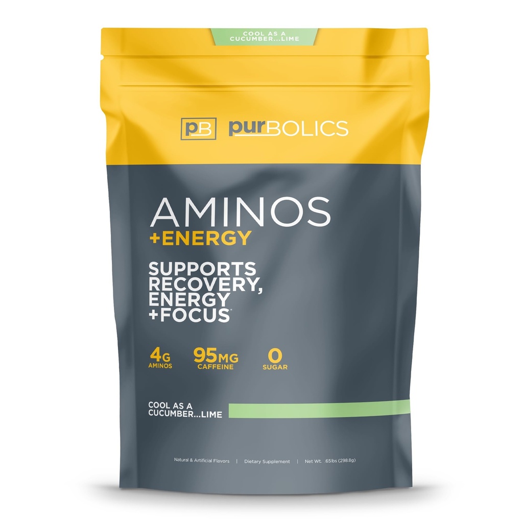 Purbolics Aminos + Énergie , soutient la récupération, l'énergie et le focus , 95mg de caféine , 0 sucre et 60 portions ...Lime