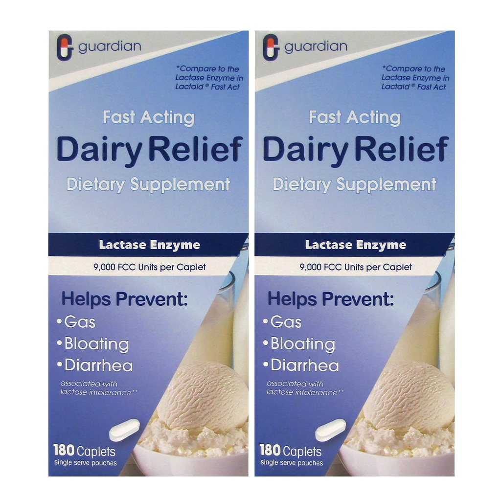 Guardian Dairy Relief Lactase à action rapide, 360 Caplets, 9000 FCC Force maximale, pilules d'intolérance à la lactose, supplément enzymatique à la lactase (360 CT)