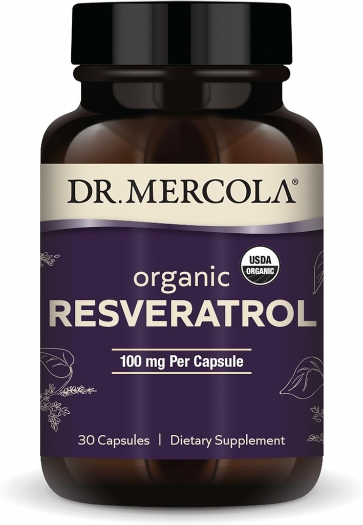Dr Mercola Organic Resveratrol - 100 mg Soutien cellulaire et cardiovasculaire - 99,9 % Trans-Resveratrol - de l'herbe japonaise - 30 capsules (30 portions)