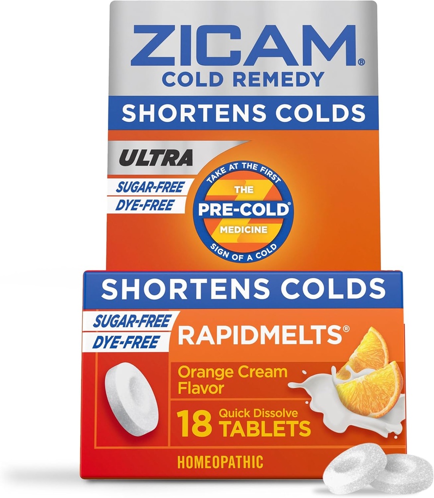 Zicam Ultra Cold Remedy Zinc Rapidmelts, Arôme crème orange, homéopathique, médecine de raccourcissement du froid, raccourcit la durée du froid, sans sucre, sans colorant, 18 Compte