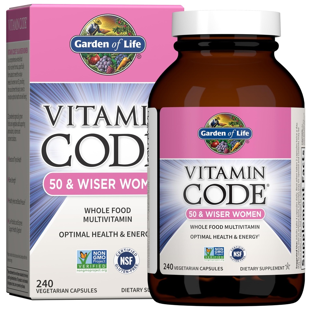 Jardin de la vie Vitamine Code Multivitamine pour les femmes 50 et plus, 240 Capsules, pour les femmes 50 Plus avec des vitamines B, Vitamines A, C, D3, E & K, CoQ10, Probiotiques et enzymes