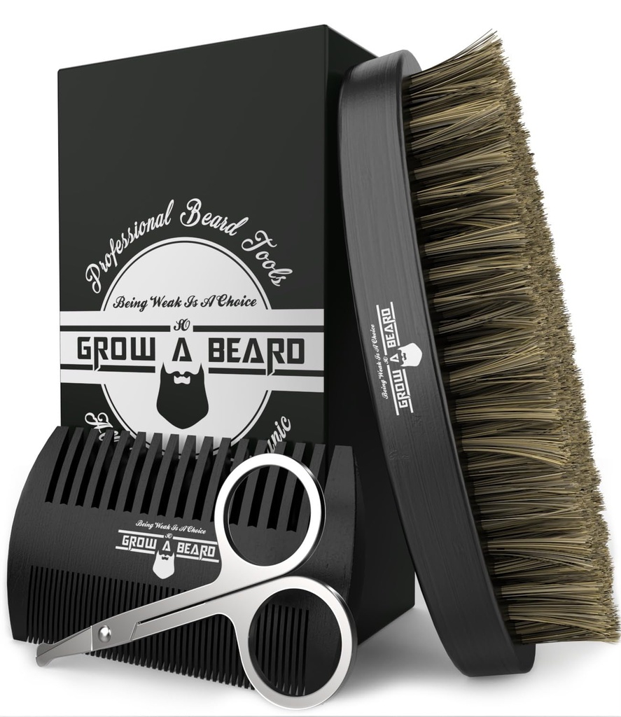 Brosse à barbe pour hommes et peigne à barbe avec ciseaux de moustache Kit de grooming, Brosse à soie de sanglier naturel, Peigne en bois double action et sac de voyage parfait pour cadeau de Noël