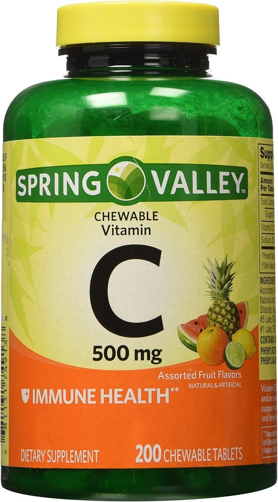 Spring Valley - Vitamine C Arômes de fruits multiples 500 mg, 200 Comprimés à croquer (2 Pack) + 1 Mini Pill Container avec porte-clés (Colors May Vary)
