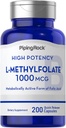 Supplément de méthylfolate de Rock L de Piping Rock $ 1000 mcg $ 200 Capsules $ Forme active de l'acide folique $ Non-OGM, sans gluten