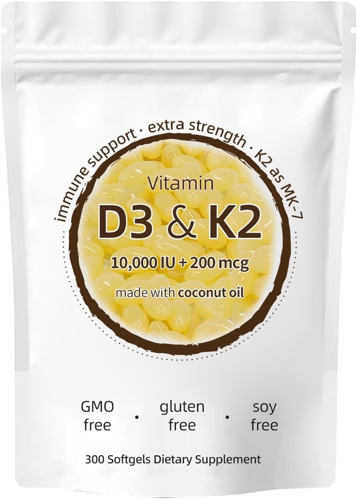 Supplément vitamine D3 K2, 10000 UI D3 + 200 MCG K2, 300 softgels, non OGM, sans gluten