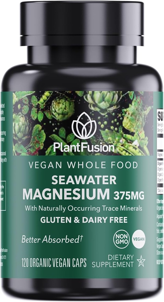 PlantFusion Complexe de magnésium végétalien 375mg de l'eau de mer, Biodisponible Magnésium marin avec mélange alimentaire entier biologique fermenté, non-OGM, Muscle & Relaxation Support, 120 Cap