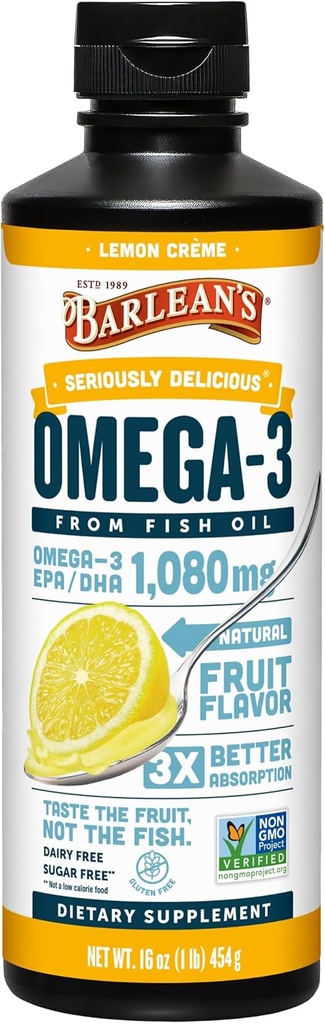 Barlean's Omega 3 supplément liquide d'huile de poisson pour les hommes et les femmes, crème de citron, 1080mg de Omega 3 EPA et acide gras DHA, 16 oz