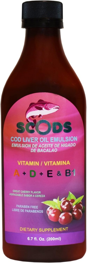 Emulsion de Scods Cereza Cod Huile de foie Emulsion Cerise 200ml Vitamine A + D + E & B1