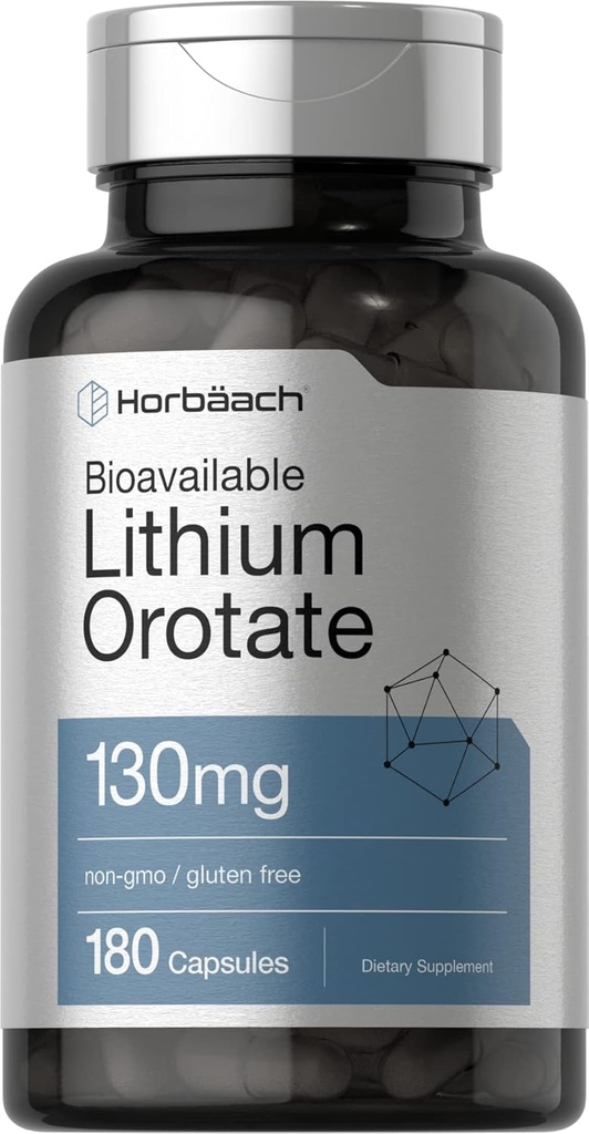 Horbäach Lithium Orotate 130mg | 180 Capsules | Non-GMO, Gluten Free | 5mg Bioavailable Elemental Lithium