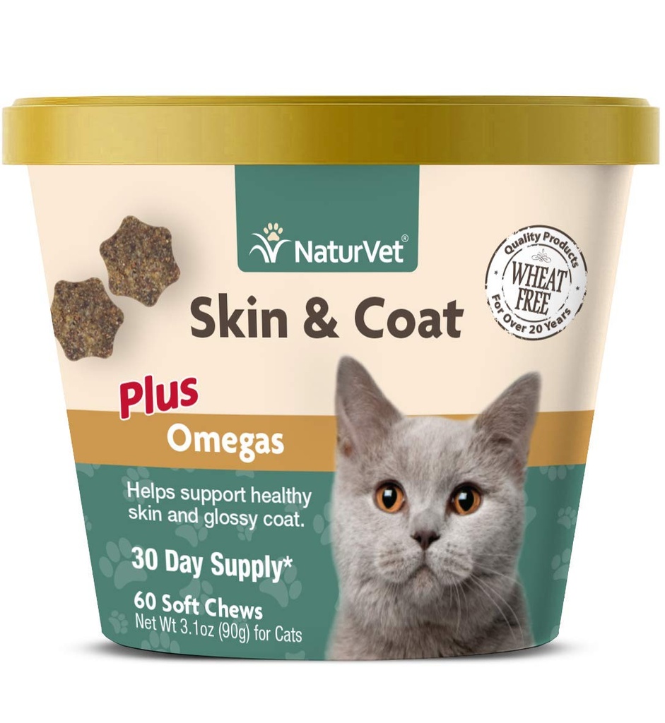 NaturVet – Skin & Coat Plus Omégas pour les chats – 60 chews doux , soutient la santé de la peau et le manteau brillant , amélioré avec Omega-3, Omega-6 et Biotin 30 jours