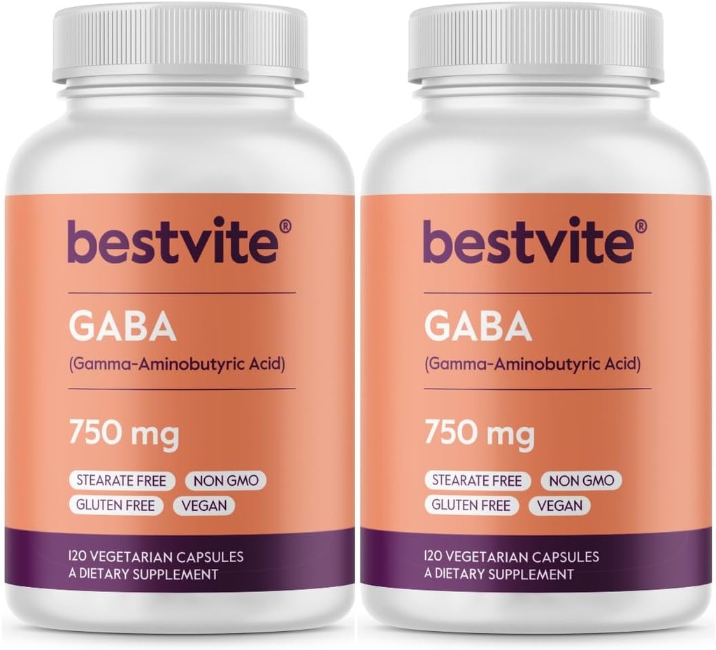 BESTVITE GABA 750mg par gélule (240 Capsules végétariennes) (120 x 2) - Pas de stéarate - Pas de remplissage - Vegan - Sans gluten - Non OGM