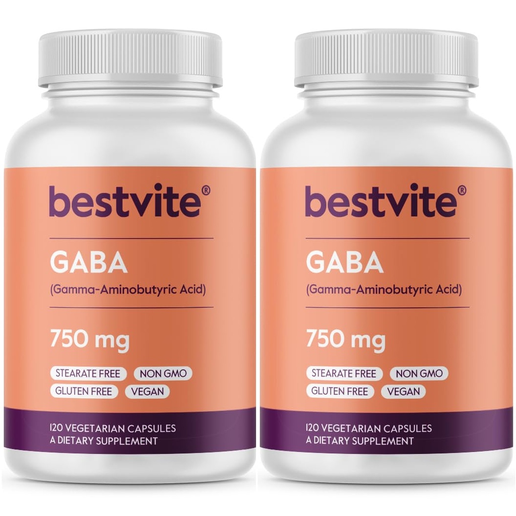 BESTVITE GABA 750mg per Capsule (240 Vegetarian Capsules) (120 x 2) - No Stearates - No Fillers - Vegan - Gluten Free - Non GMO