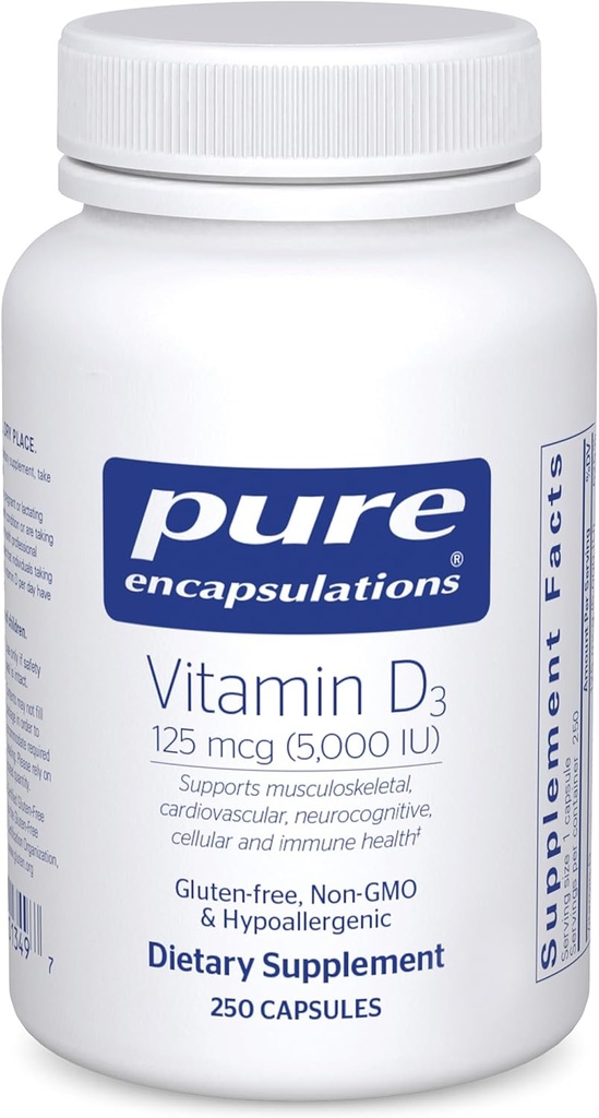 Encapsulations pures Vitamine D3 125 mcg (5 000 UI) - Supplément pour soutenir la santé des os, des articulations, des seins, du coeur, des colonies et des immunes* - avec vitamine D - 250 capsules