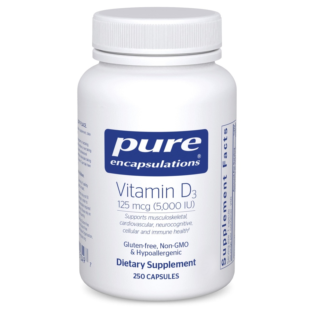 Encapsulations pures Vitamine D3 125 mcg (5 000 UI) - Supplément pour soutenir la santé des os, des articulations, des seins, du coeur, des colonies et des immunes* - avec vitamine D - 250 capsules