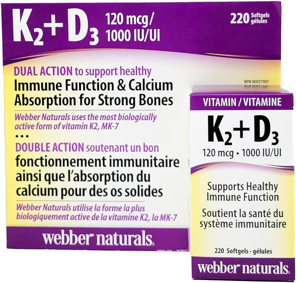 Webber Naturals K2 + D3 120 mcg/1000 UI, soutient une fonction immunitaire saine - 220 softgels