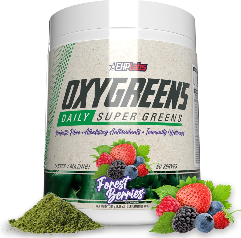 EHP Labs OxyGreens Super Greens Powder – Supplément quotidien vert avec Spiruline, Chlorella, Prébiotiques, Enzymes digestifs, Antioxydants – 30 portions (Berries forestières)