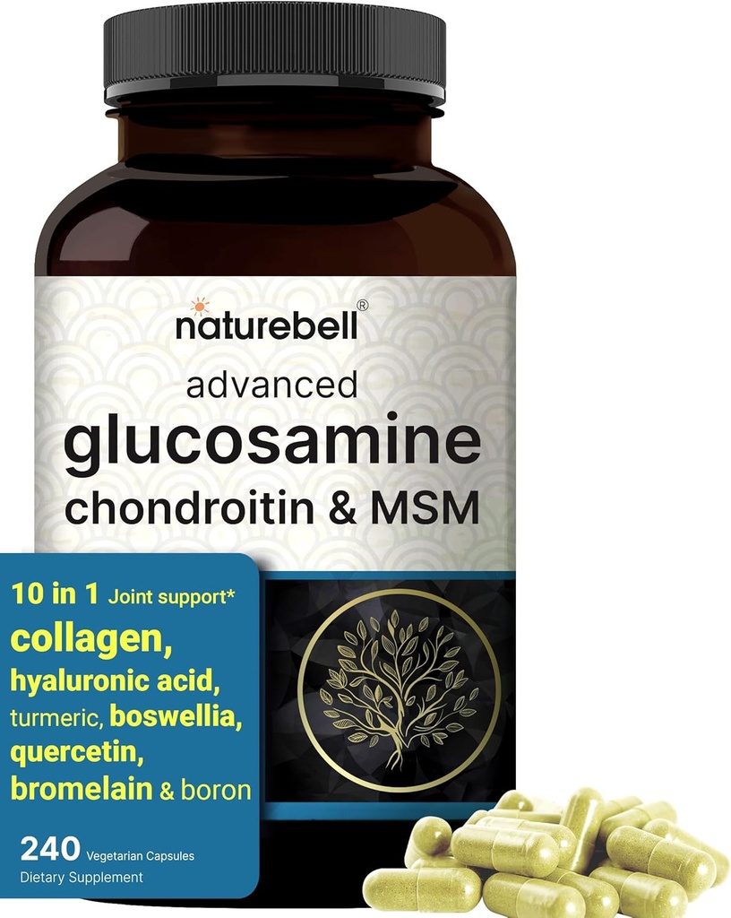 NatureBell Advanced Glucosamine Chondroitin MSM Supplement, 240 Capsules | 10-in-1 Joint Support Complex – with Hyaluronic Acid, Collagen, Turmeric, Boswellia, & More – Non-GMO