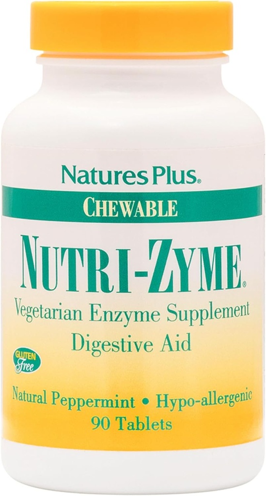 NaturesPlus Nutri Zyme - 90 Comprimés à croquer, Saveur de menthe poivrée - Supplément enzymatique végétarienne avec Bromelain & Papain, Aide Digestive Naturelle - Sans gluten - 45 portions