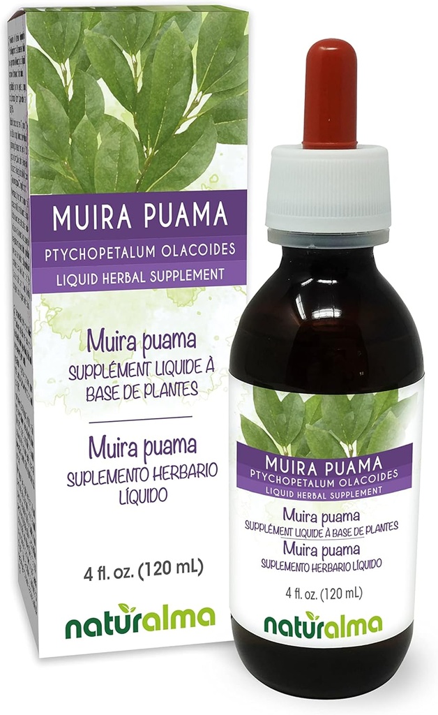 Naturalma Muira puama (Ptychopetalum olacoides) écorce Teinture sans alcool - 4 fl oz Extrait liquide dans les gouttes - Supplément à base de plantes - Vegan