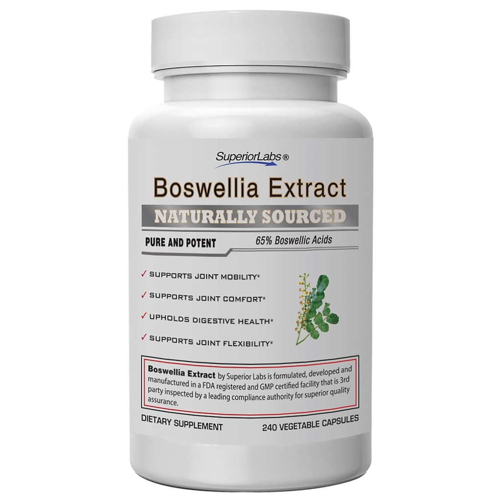 Superior Labs Boswellia Serrata Extract 500mg – 65% Acide boswellique, pur non-OGM, Zero Fillers, Inden Frankencens, soutient une réponse inflammatoire saine et confort articulaire – 240 capsules de veg