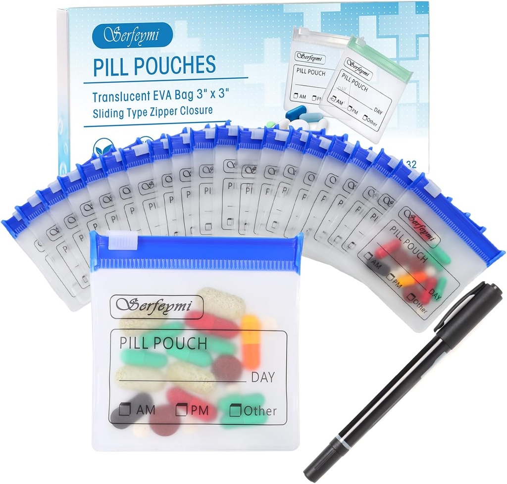 Serfeymi 32 Pcs Pochettes à pilules zippées Organisateur Sacs en plastique 3 X 3 Poches 12 mil Auto-scellage avec serrure à diapositives Étiquette critable Translucide Travel Medicine Sac de rangement et 1 Pc Marker-Blue