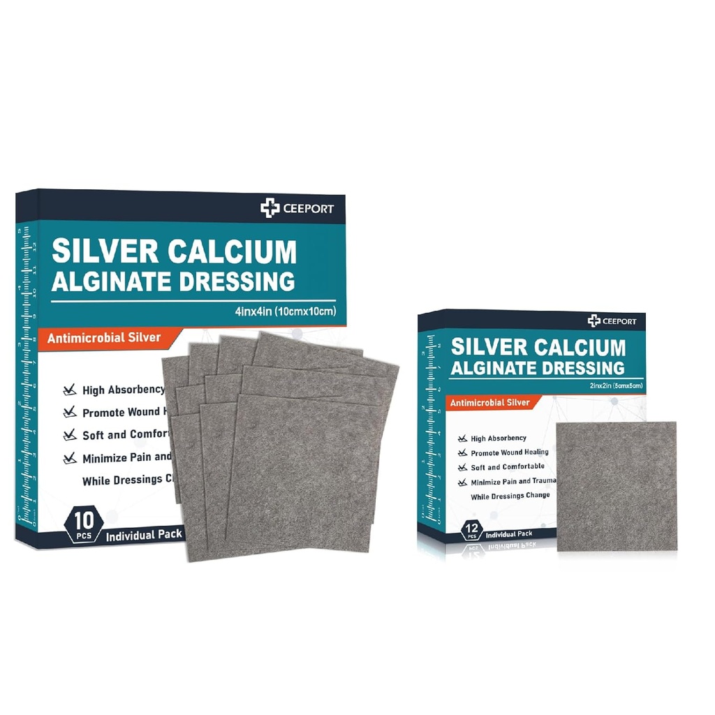 Dressing Alginate de calcium argenté(4 "x 4" 10 Pcs + 2 "x 2" 12 Pcs)