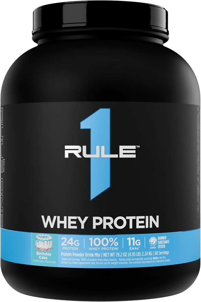 Rule 1 Whey Protein – 24g Fast-Acting Protein from All-Whey Sources with Naturally Occurring EAAs & BCAAs for Workout Recovery or Anytime Use (5 Pounds*, Birthday Cake)