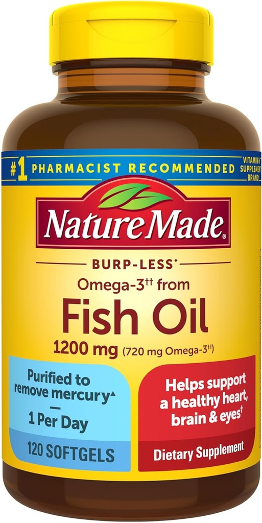 Nature faite Burp moins Omega 3 suppléments huile de poisson, 1200mg, supplément EPA DHA Omega 3 comme esters d'éthyle, softgels huile de poisson pour le coeur, le cerveau et les yeux sains, un par jour, 120 Softgels